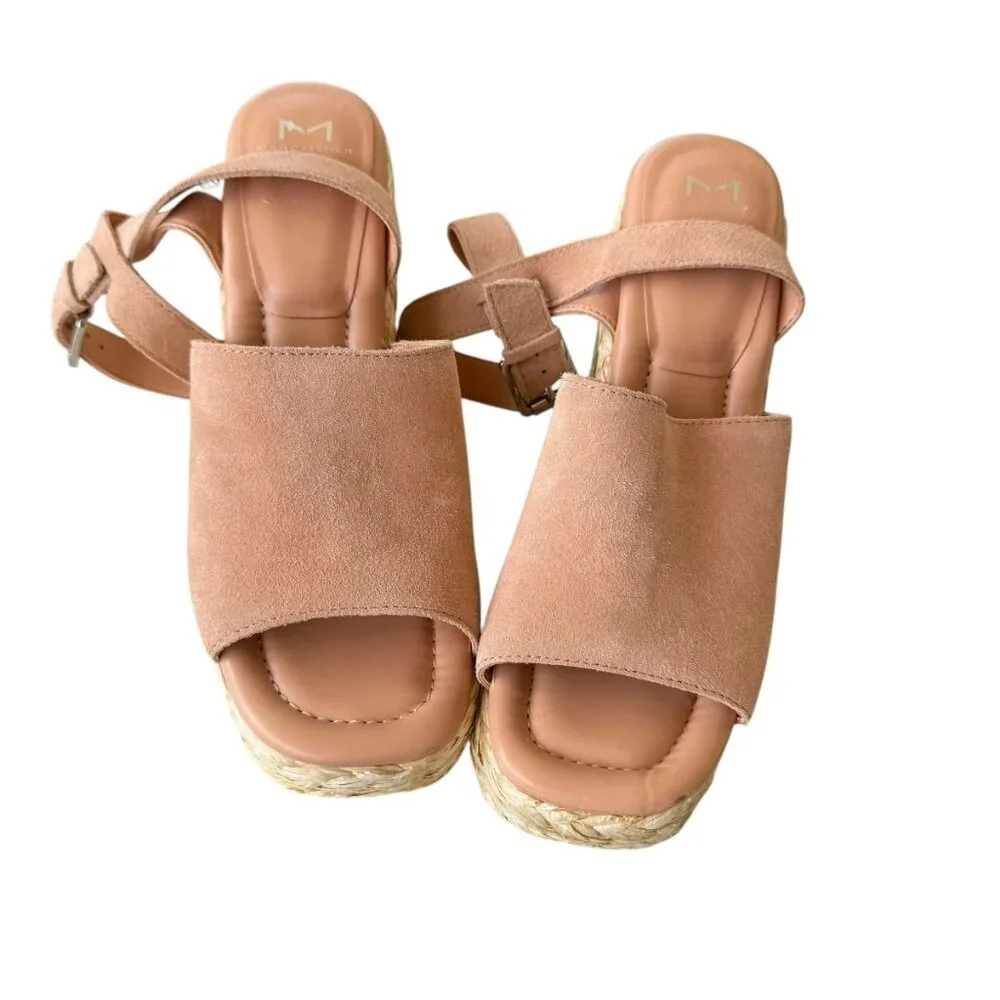 MARC FISHER Nelly Ankle Strap Wedge Espedrille Sandal In peach suede.  S…